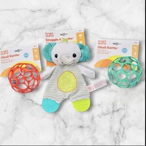 New Elephant Snuggle & Teethe Toy with Oball Rattles 3 Piece Baby TOY Bundle